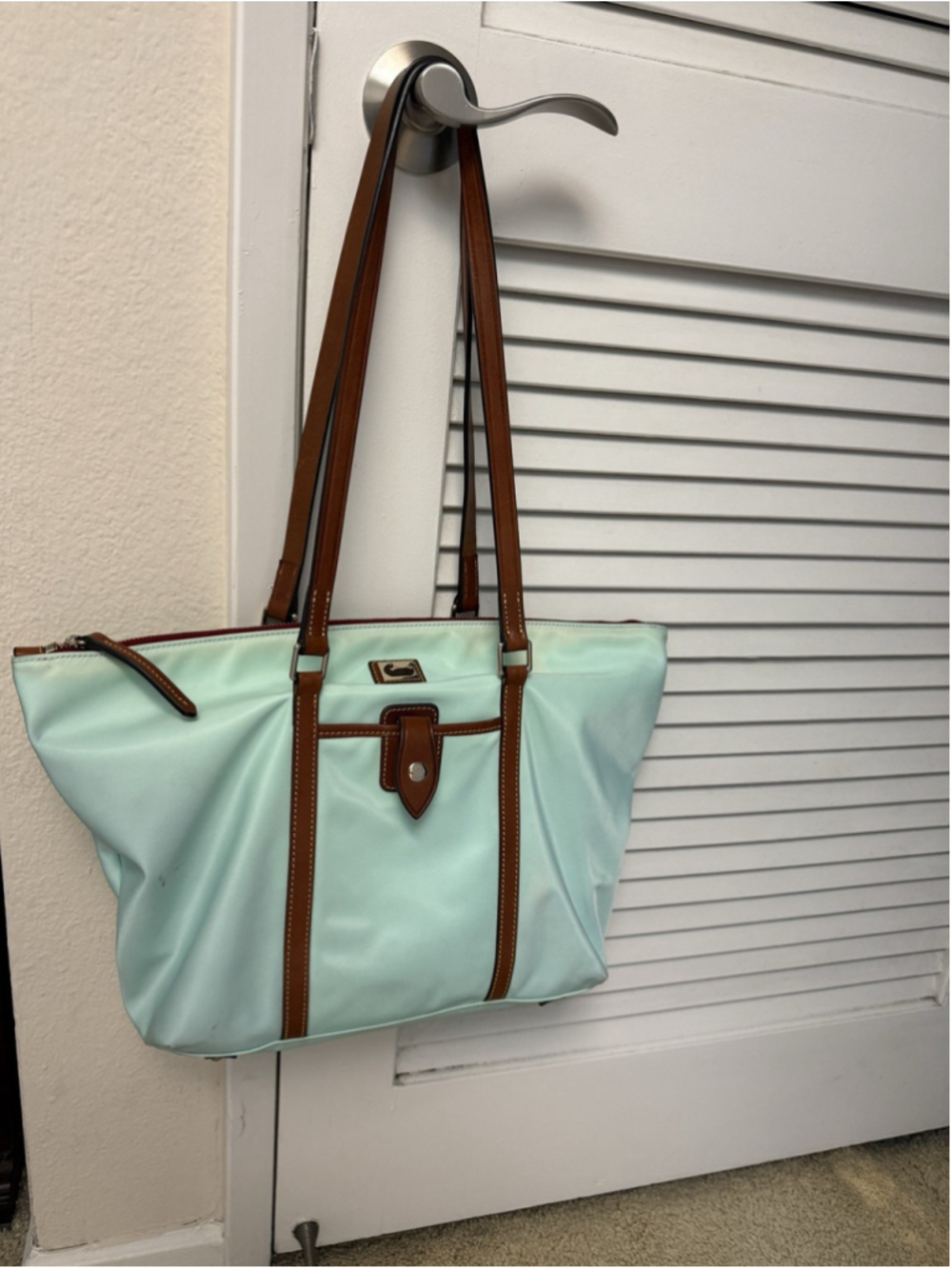 Dooney & Bourke Aqua Blue Nylon Shopper Tote Bag Brown Leather Trim + Zip Pouch